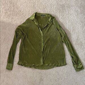 Nasty Gal Pleated Velvet Button Down Shirt in Forest Green